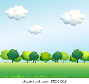 Illustration of the green trees below the clear blue sky