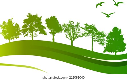 illustration with green trees and birds isolated on white background