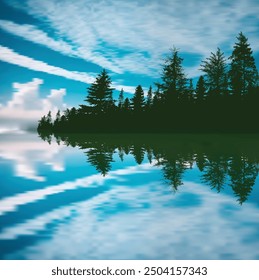 illustration with green trees in forest with reflection in blue lake