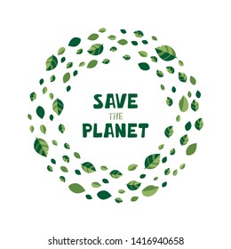 Illustration with green trees, leaves and hand lettering save the planet in cartoon style. Template for benner, flyer, brochure protection of ecology. Vector