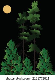 illustration with green trees on black background at full moon