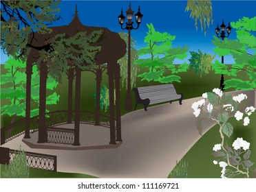 ilustración con árboles verdes en parque