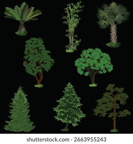 Ilustración con árboles verdes aislados sobre fondo negro