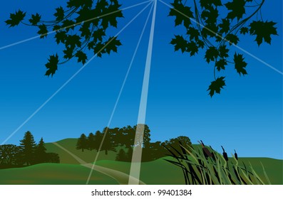 ilustración con árboles verdes bajo cielo azul