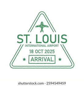 Illustration of a green triangular stamp showing details for Saint Louis International Airport arrival on October 18, 2025, featuring an airplane icon.