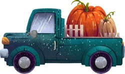 Illustration Of A Green Truck Or Pickup Truck With Pumpkins In The Trunk For The Autumn Harvest Fair