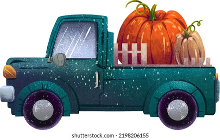 Illustration Of A Green Truck Or Pickup Truck With Pumpkins In The Trunk For The Autumn Harvest Fair