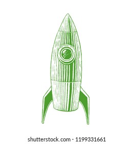 Ilustración de un boceto verde de tinta vectorizada del cohete aislado en un fondo blanco