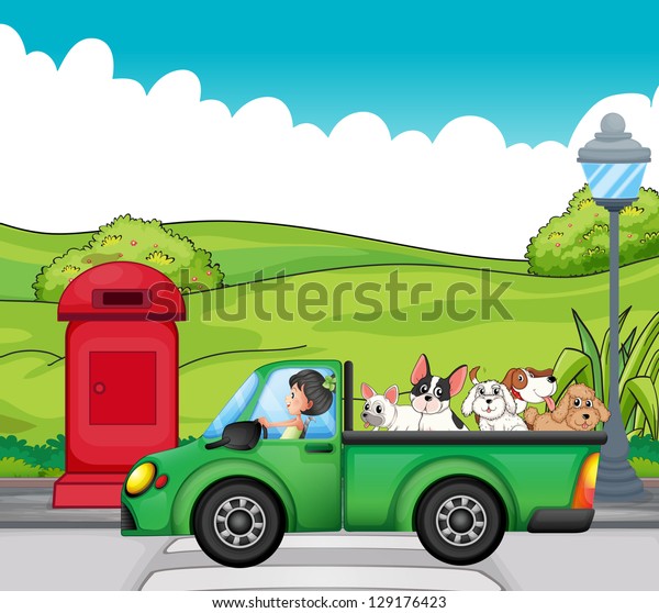 Illustration of\
a green vehicle with dogs at the\
back