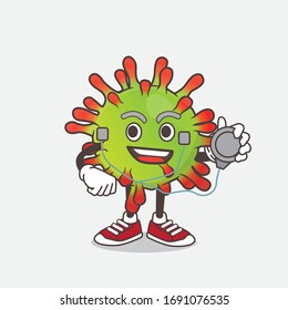 An illustration of Green Virus cartoon mascot character as a Doctor working with stethoscope