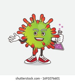 An illustration of Green Virus cartoon mascot professor character with glass tube