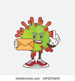 An illustration of Green Virus cartoon mascot character holding an envelope