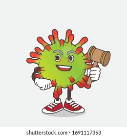 An illustration of Green Virus cartoon mascot character as wise judge with hammer