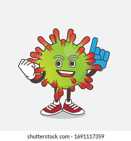 An illustration of Green Virus cartoon mascot character holding a Foam finger