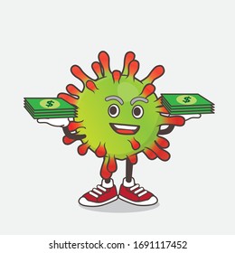 An illustration of Green Virus cartoon mascot character with money on hands