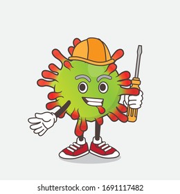 An illustration of Green Virus cartoon mascot character as smart technician