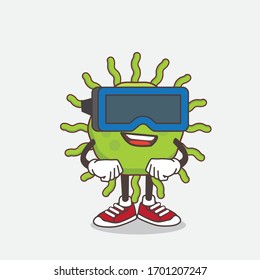 An illustration of Green Virus cartoon mascot character with Virtual reality headset