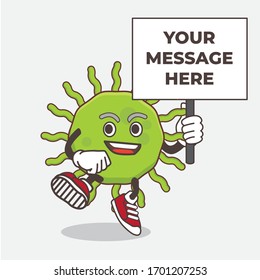 An illustration of Green Virus cartoon mascot character with board sign message