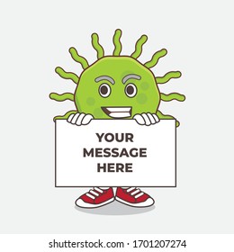 An illustration of Green Virus cartoon mascot character with funny face hides behind a board