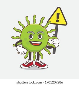 An illustration of Green Virus cartoon mascot character rise up a warning sign
