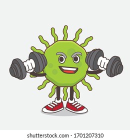 An illustration of Green Virus cartoon mascot character on fitness exercise trying barbells