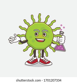 An illustration of Green Virus cartoon mascot professor character with glass tube