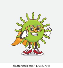 An illustration of Green Virus cartoon mascot character dressed as a Super hero