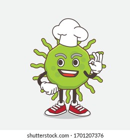 An illustration of Green Virus cartoon mascot character in a chef dress and white hat