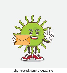 An illustration of Green Virus cartoon mascot character holding an envelope