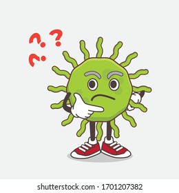 An illustration of Green Virus cartoon mascot character in a confused gesture