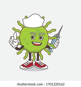 An illustration of Green Virus cartoon mascot character as nurse with medical syringe