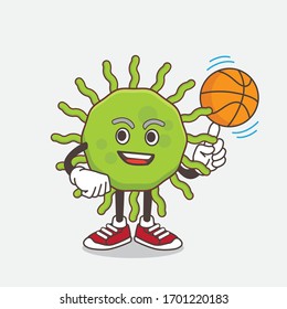 An illustration of Green Virus cartoon mascot character with a basketball