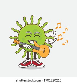An illustration of Green Virus cartoon mascot character playing a guitar