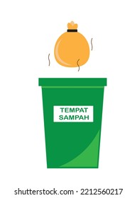 Illustration of green waste bin. Green color dustbin vector. Waste bin combine with trash. Dustbin in bahasa called tempat sampah.