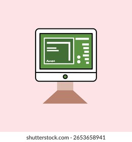 Ilustração de um monitor médico digital verde e branco em uma mesa marrom com um fundo rosa, usada para monitorar as condições do paciente em um hospital ou clínica