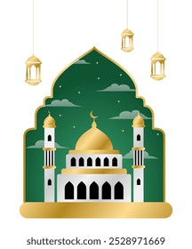 illustration of a green and white Islamic mosque with gold