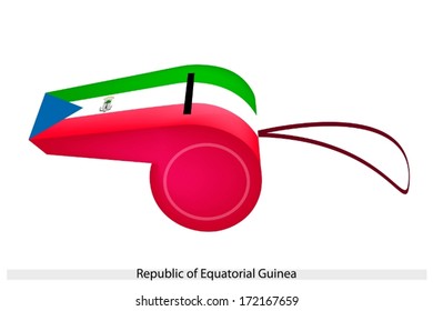 An Illustration of Green, White and Red Bands and A Blue Triangle of The Republic of Equatorial Guinea Flag on A Whistle, The Sport Concept and Political Symbol. 