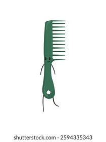  Illustration of a green wide-toothed hair comb with a cute face and arms, standing upright.