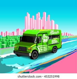 Illustration green wok food truck on the background of the urban landscape is suitable for use in advertising of various food industry