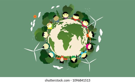 illustration of green world with children