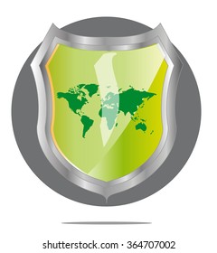 Illustration of green world map in grey shield