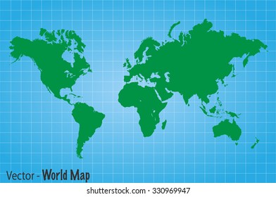 Illustration of a green world map on a blue grid background.