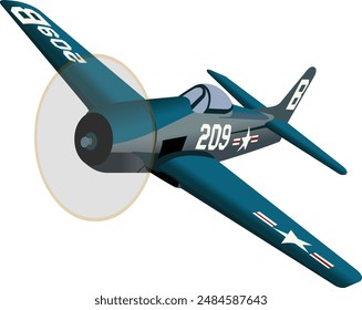 Illustration of a green World War Two fighter plane maneuvering