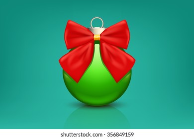 illustration of green xmas ball with red bow on green background