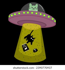 
An illustration of a green-bodied alien cat driving a UFO, carrying another cat and its food into the spacecraft.