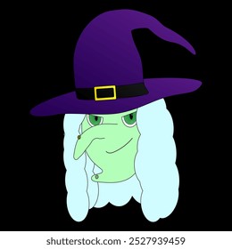 Illustration of a green-faced witch with a pointy purple hat, perfect for Halloween designs, decorations, and digital art projects.