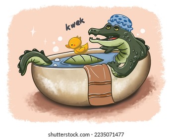 Illustration, a green-skinned ferocious alligator bathes in a bathtub, wearing a blue shower cap