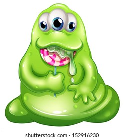Illustration of a greenslime baby monster eating a lollipop