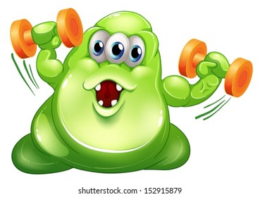 Illustration of a greenslime monster with orange dumbbells on a white background