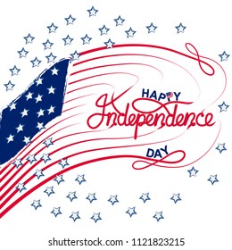 Illustration of greeting with 4th of july/ Ribbon lettering. Flag of USA with stars and ribbons inside